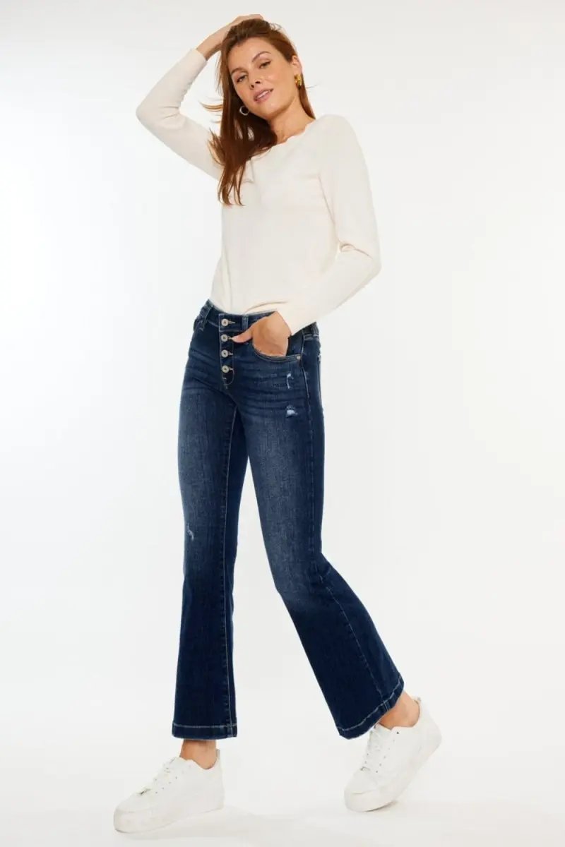 Trendsi Kancan Mid Rise Jeans + Everyday Wear + Flare Jeans + Button Fly + Comfy Fit