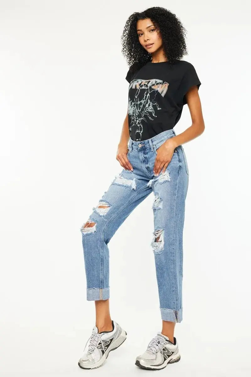 Trendsi Kancan Mid Rise Distressed Jeans Women's Casual Boyfriend Fit Denim - Comfortable