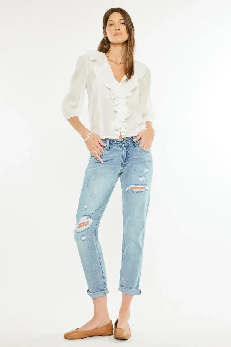 Boyfriend Jeans - Distressed Mid Rise - Women's