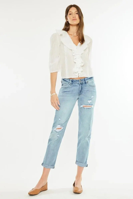 Boyfriend Jeans - Distressed Mid Rise - Women's