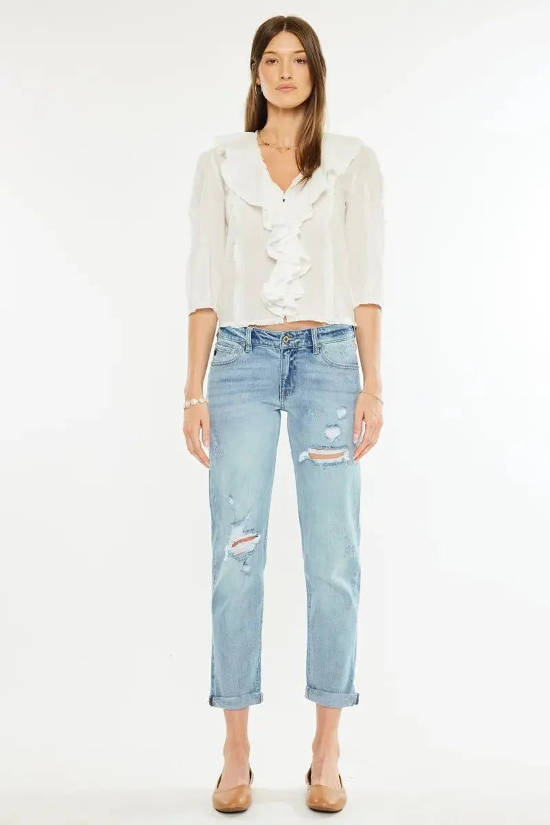 Boyfriend Jeans - Distressed Mid Rise - Women's