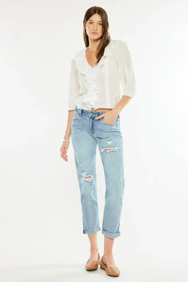 Boyfriend Jeans - Distressed Mid Rise - Women's