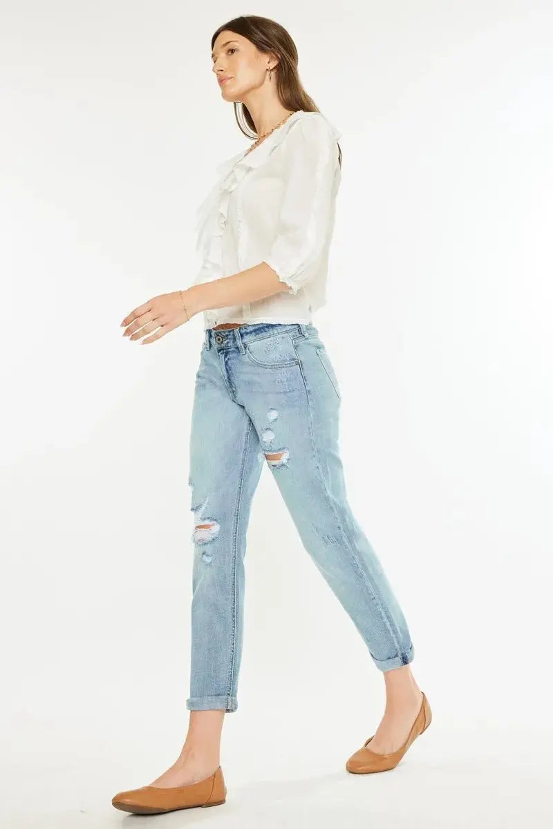 Boyfriend Jeans - Distressed Mid Rise - Women's