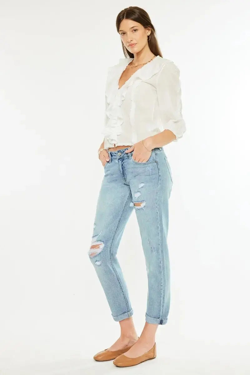 Boyfriend Jeans - Distressed Mid Rise - Women's