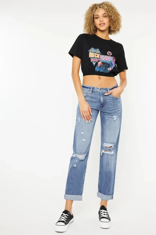 Trendsi Kancan Mid Rise Distressed Jeans Women's Everyday Denim Straight Leg Fit