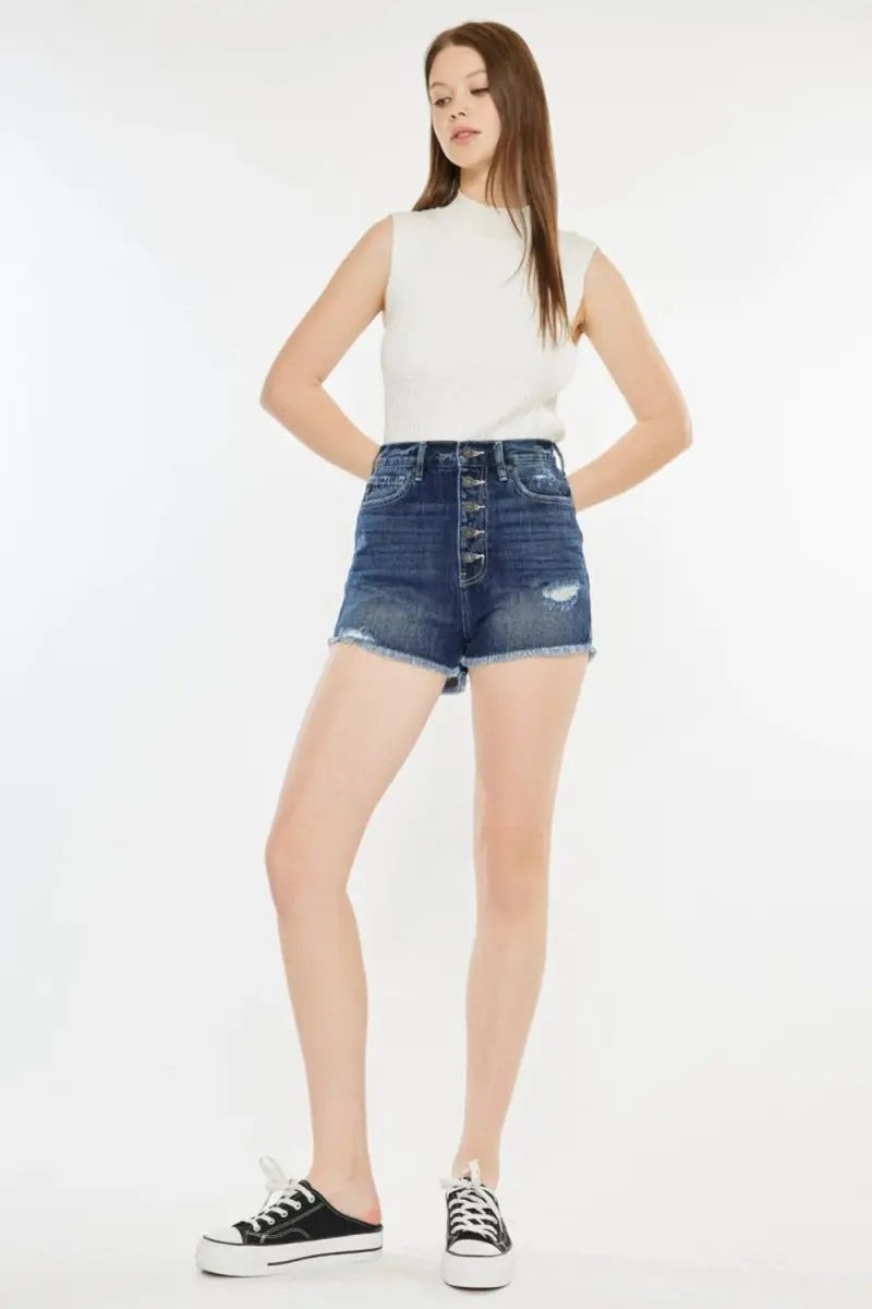 Women's Denim Shorts - Raw Hem Button Fly - Casual