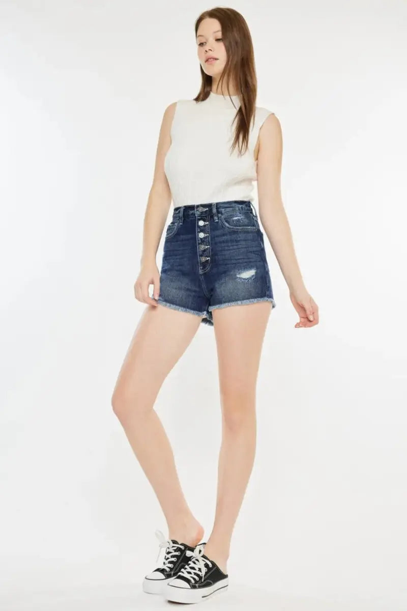 Women's Denim Shorts - Raw Hem Button Fly - Casual