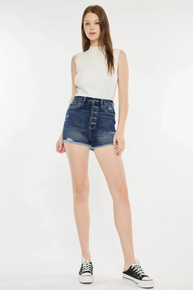 Women's Denim Shorts - Raw Hem Button Fly - Casual