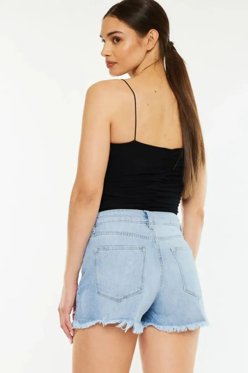 Women's Denim Shorts - High Waist, Raw Hem, Distressed - Casual