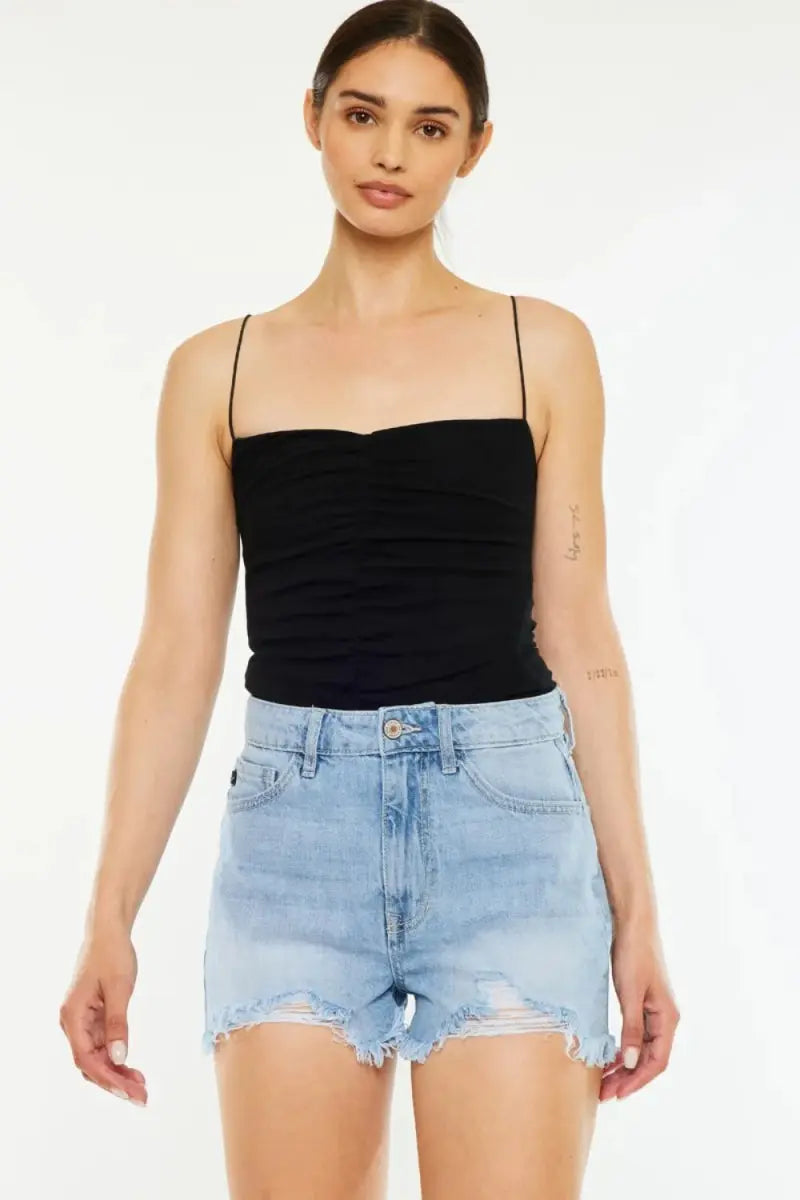 Women's Denim Shorts - High Waist, Raw Hem, Distressed - Casual