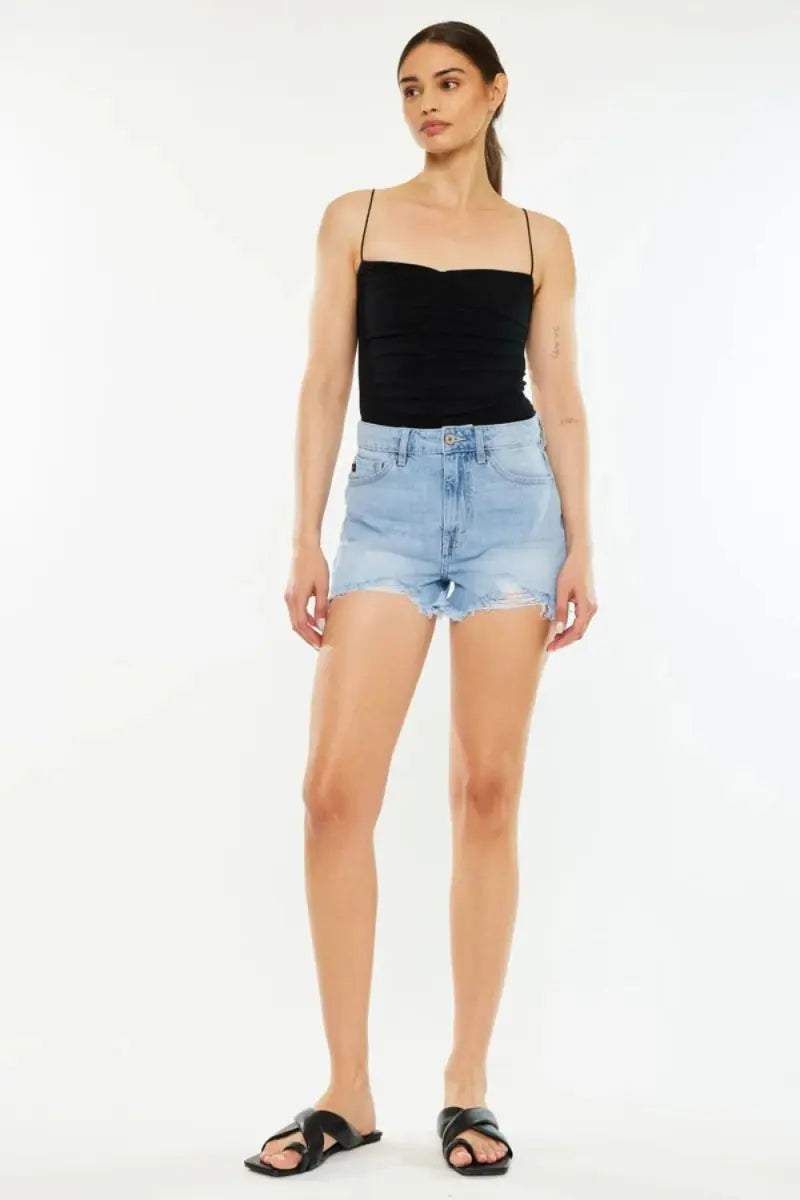 Women's Denim Shorts - High Waist, Raw Hem, Distressed - Casual