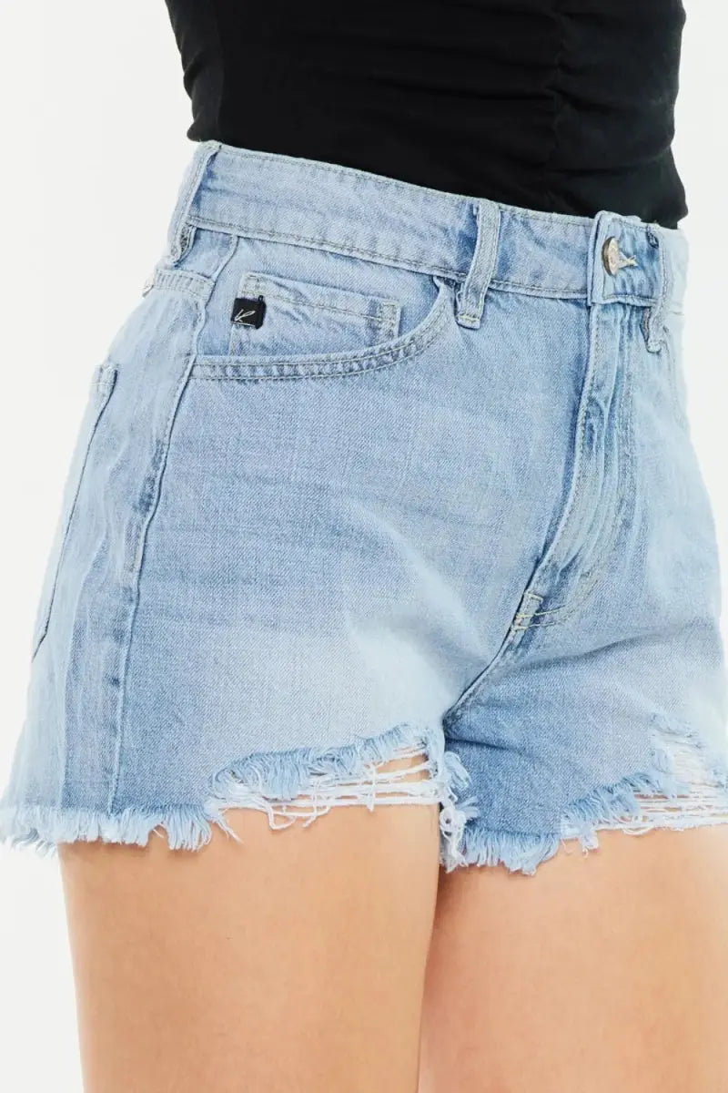 Women's Denim Shorts - High Waist, Raw Hem, Distressed - Casual