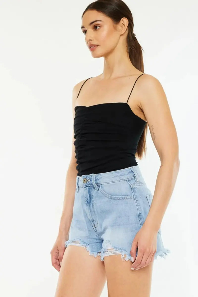 Women's Denim Shorts - High Waist, Raw Hem, Distressed - Casual