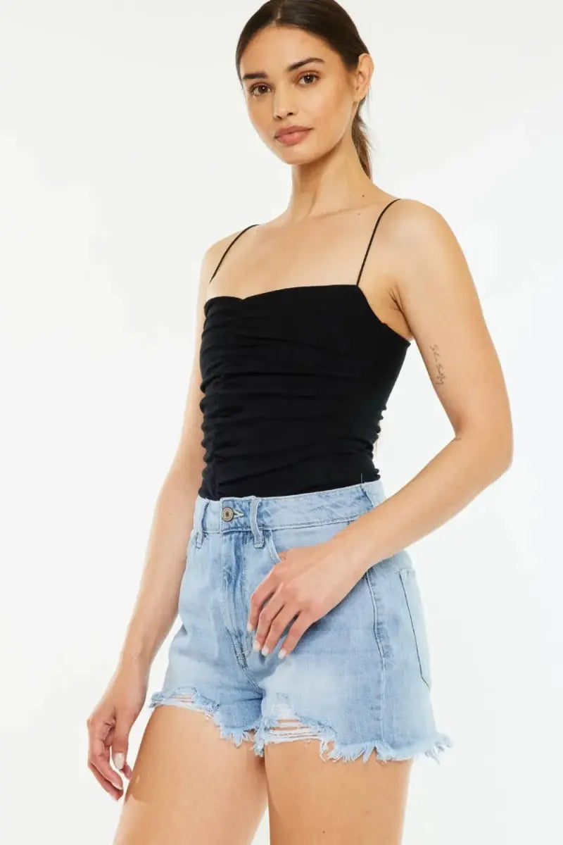 Women's Denim Shorts - High Waist, Raw Hem, Distressed - Casual