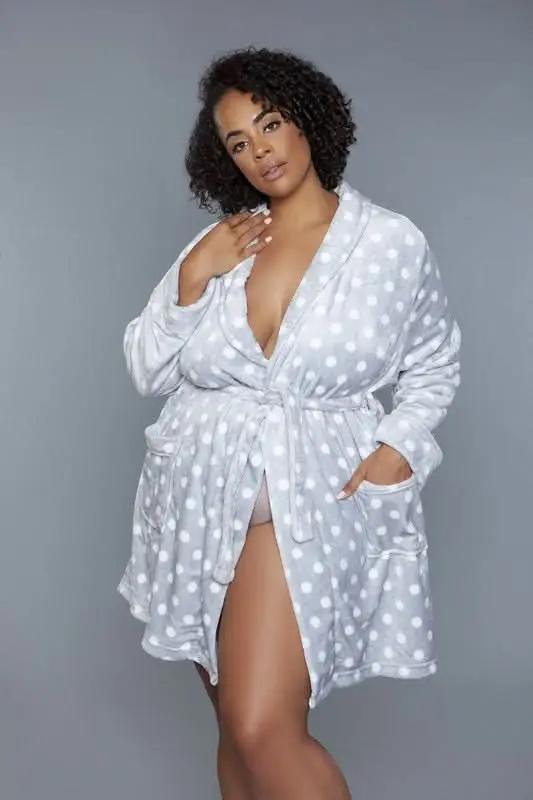 Premium BE WICKED Kaylee Robe - Polka Dot Pink/White, Plus Size 2X/3X