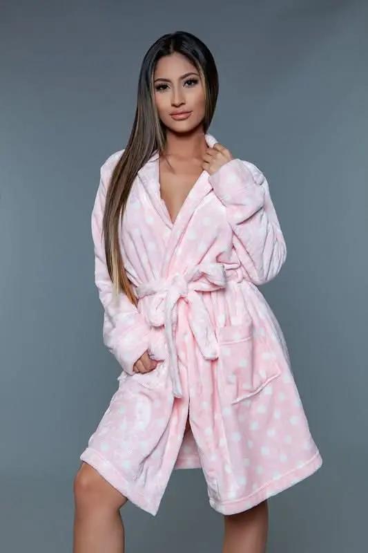 Premium BE WICKED Kaylee Robe - Polka Dot Pink/White, Plus Size 2X/3X