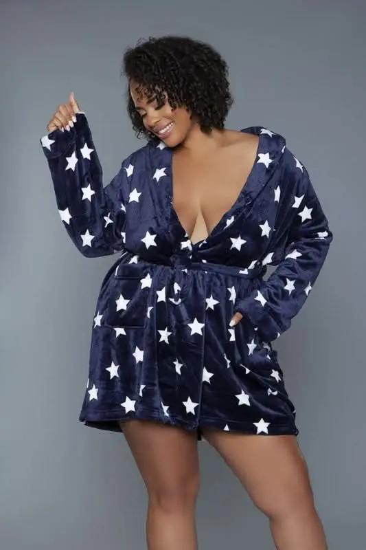 Premium BE WICKED Kaylee Robe - Star Print, Navy/White, Size L/XL