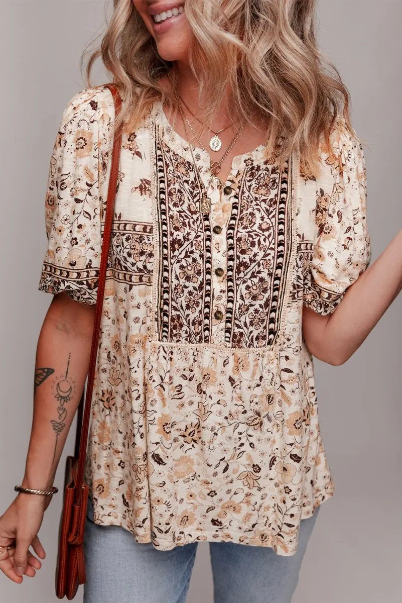 Love Salve Khaki Floral Blouse Women's Boho Summer Top - Chic & Lightweight