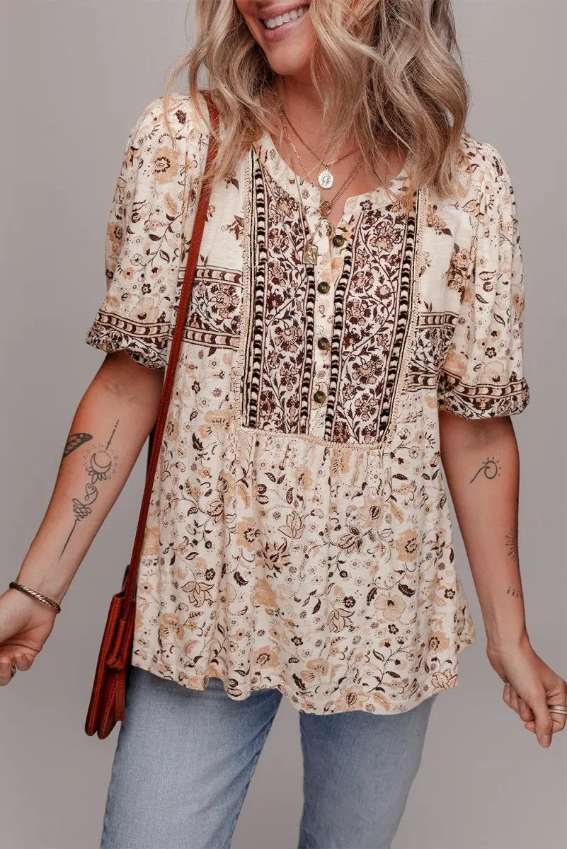 Love Salve Khaki Floral Blouse Women's Boho Summer Top - Chic & Lightweight