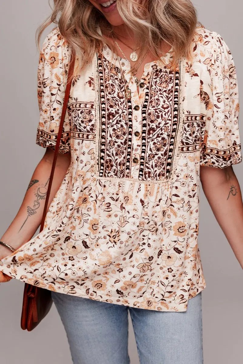 Love Salve Khaki Floral Blouse Women's Boho Summer Top - Chic & Lightweight