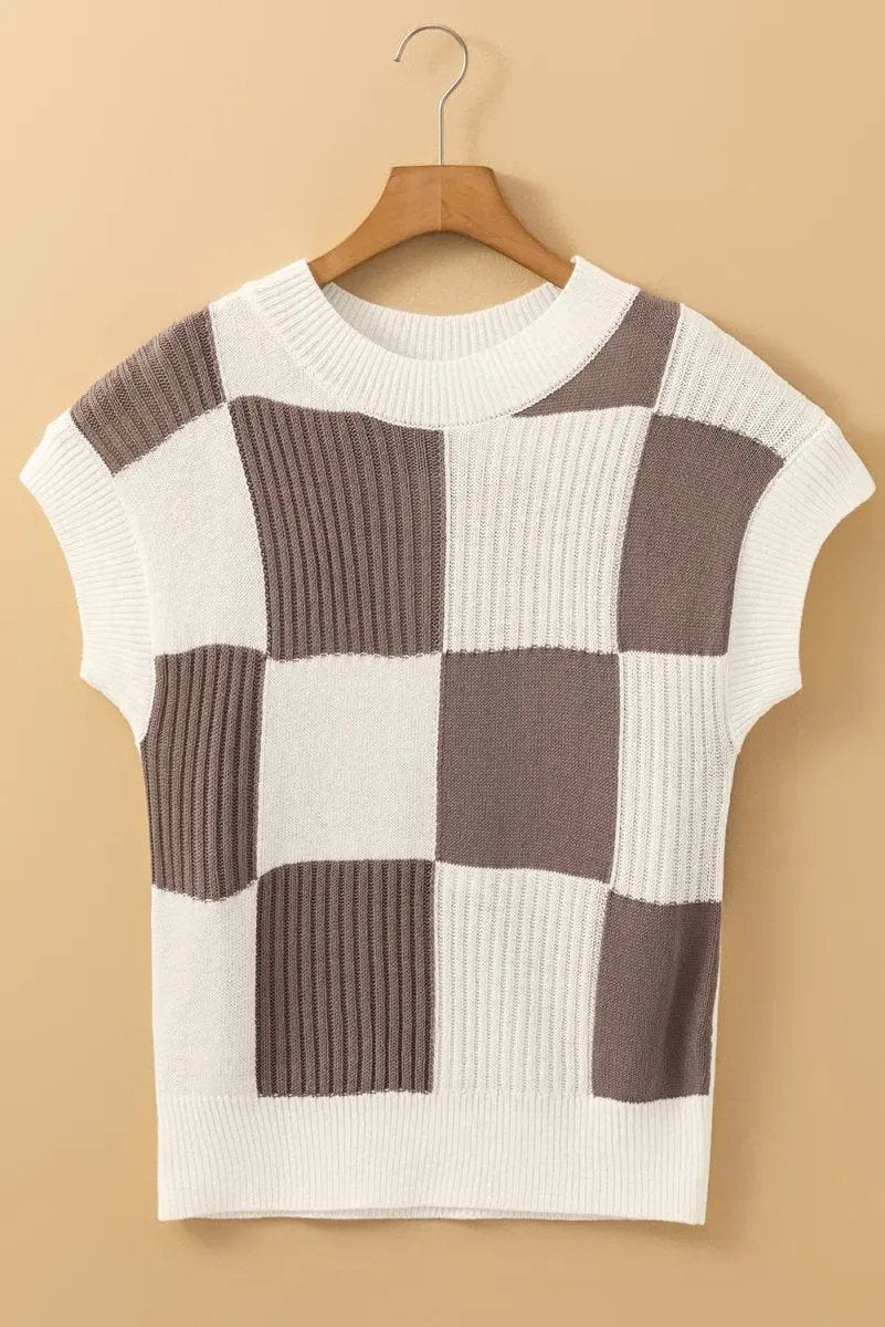 Love Salve Khaki Checkered Sweater Women's Casual Crew Neck Short Sleeve Top