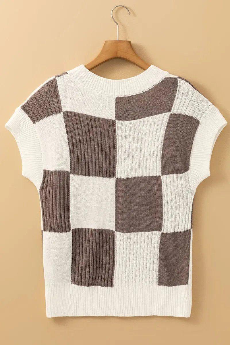 Love Salve Khaki Checkered Sweater Women's Casual Crew Neck Short Sleeve Top