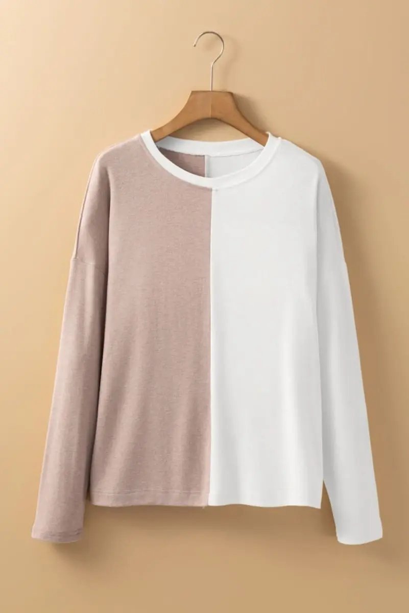 Love Salve Khaki Colorblock Women's Casual Top Fall Fashion Long Sleeve Breathable
