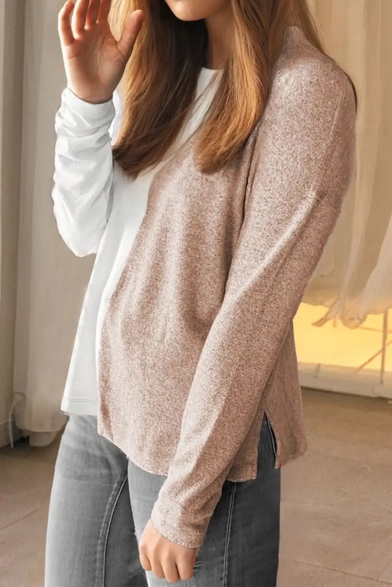 Love Salve Khaki Colorblock Women's Casual Top Fall Fashion Long Sleeve Breathable