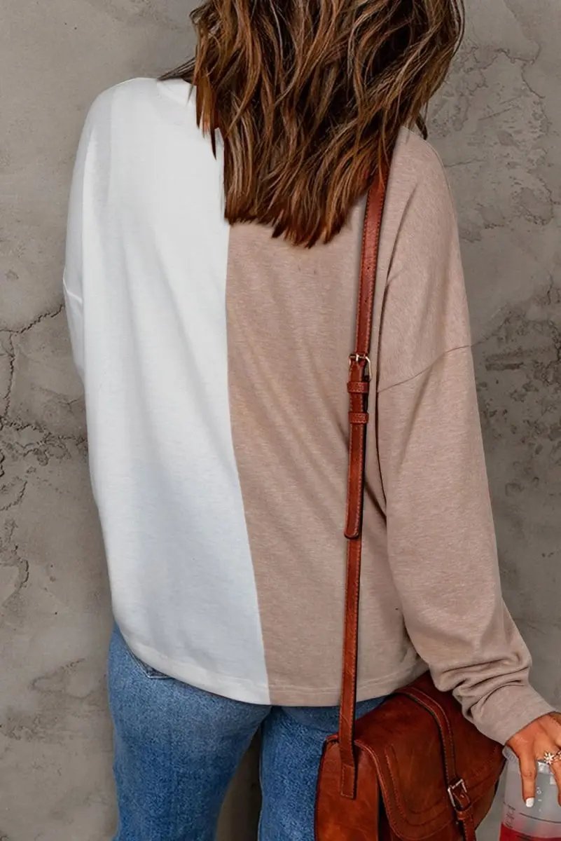 Love Salve Khaki Colorblock Women's Casual Top Fall Fashion Long Sleeve Breathable
