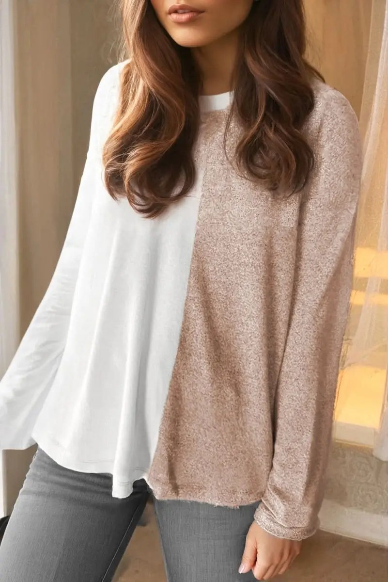 Love Salve Khaki Colorblock Women's Casual Top Fall Fashion Long Sleeve Breathable