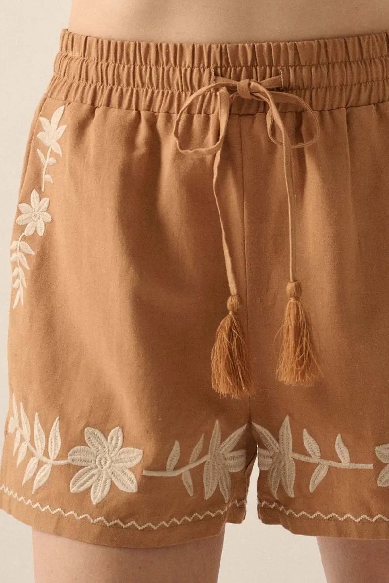 Love Salve Khaki Embroidered Shorts Women's Boho Summer Casual Shorts: Tasseled Drawstring