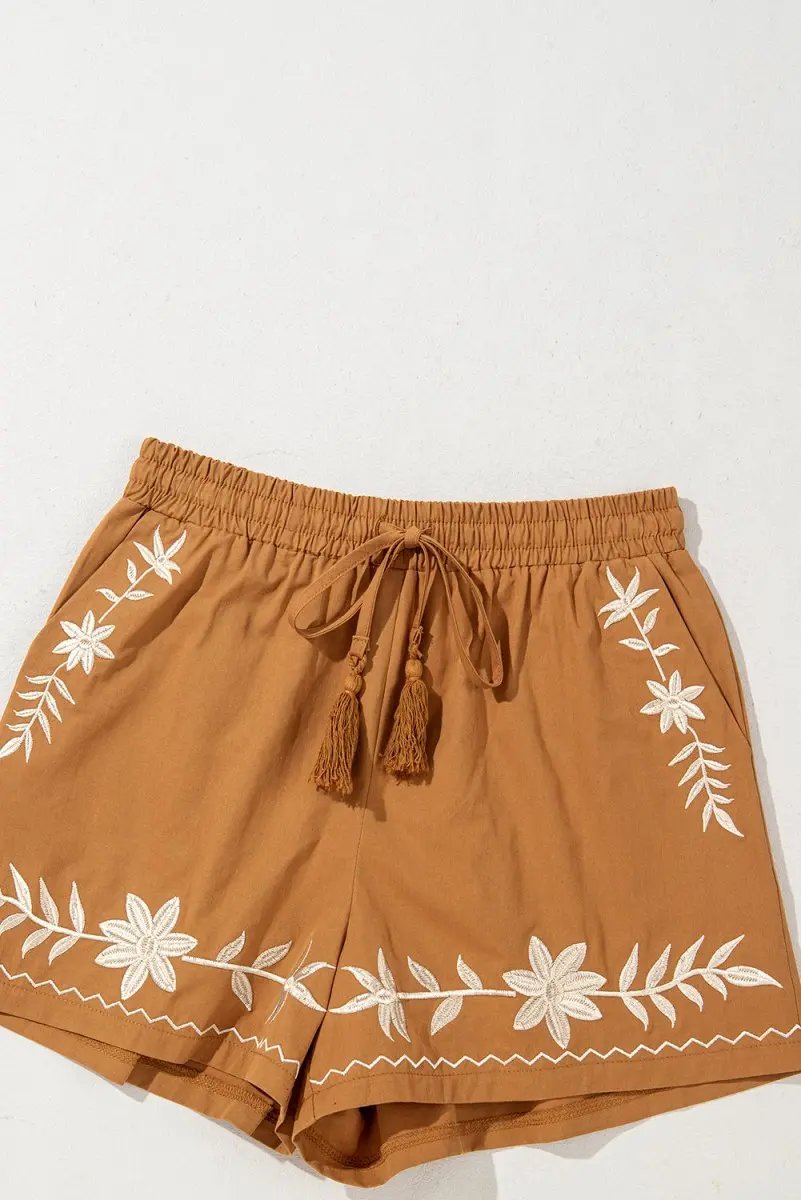Love Salve Khaki Embroidered Shorts Women's Boho Summer Casual Shorts: Tasseled Drawstring