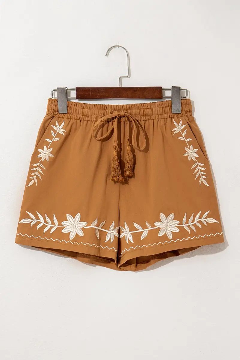Love Salve Khaki Embroidered Shorts Women's Boho Summer Casual Shorts: Tasseled Drawstring