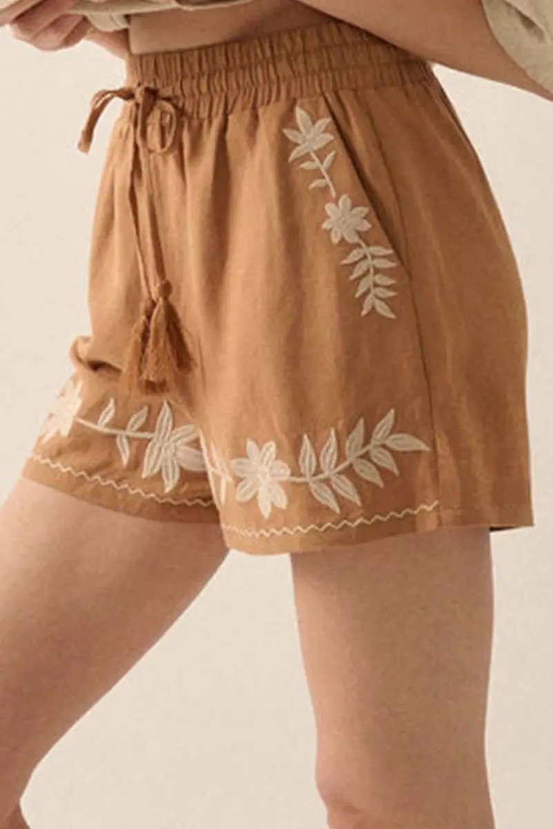 Love Salve Khaki Embroidered Shorts Women's Boho Summer Casual Shorts: Tasseled Drawstring
