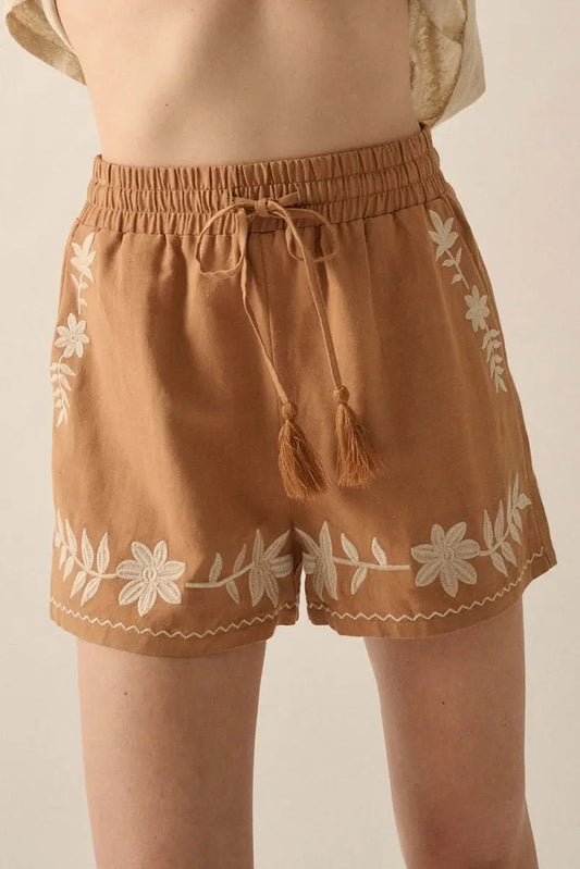 Love Salve Khaki Embroidered Shorts Women's Boho Summer Casual Shorts: Tasseled Drawstring