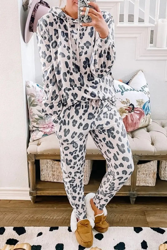 Love Salve Khaki Leopard Lounge Set Women's Home Winter Outfit Comfy Drawstring Hoodie & Pants