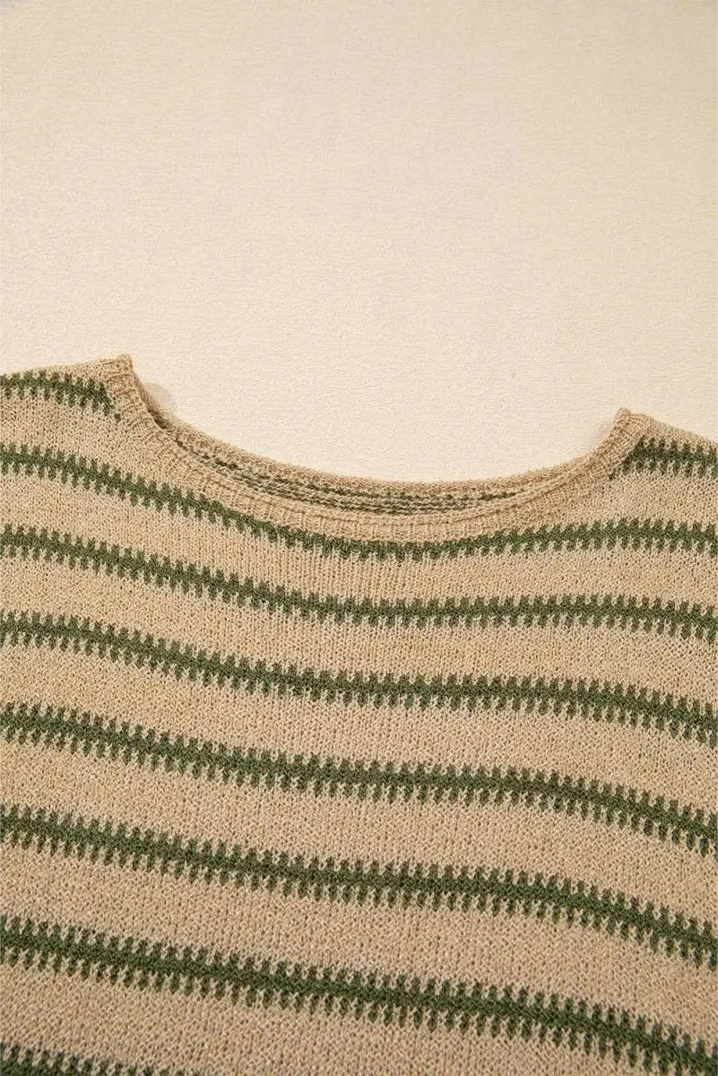 Love Salve Khaki Stripe Women's Casual Sweater Comfy Drop Shoulder Knit Top
