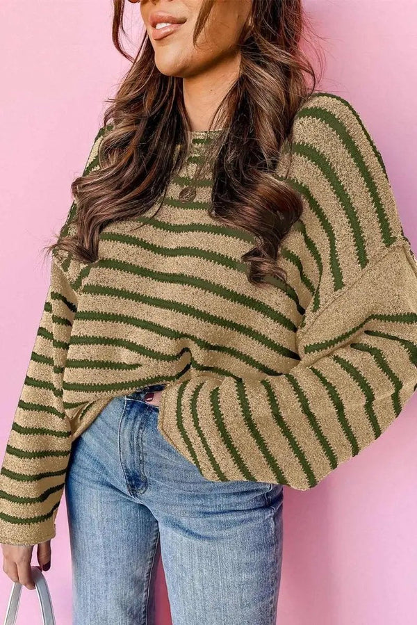 Love Salve Khaki Stripe Women's Casual Sweater Comfy Drop Shoulder Knit Top