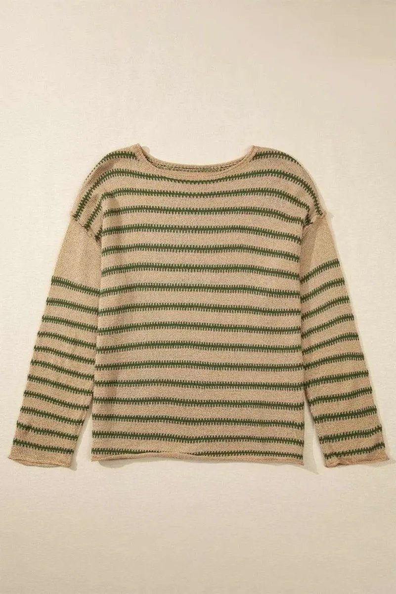 Love Salve Khaki Stripe Women's Casual Sweater Comfy Drop Shoulder Knit Top