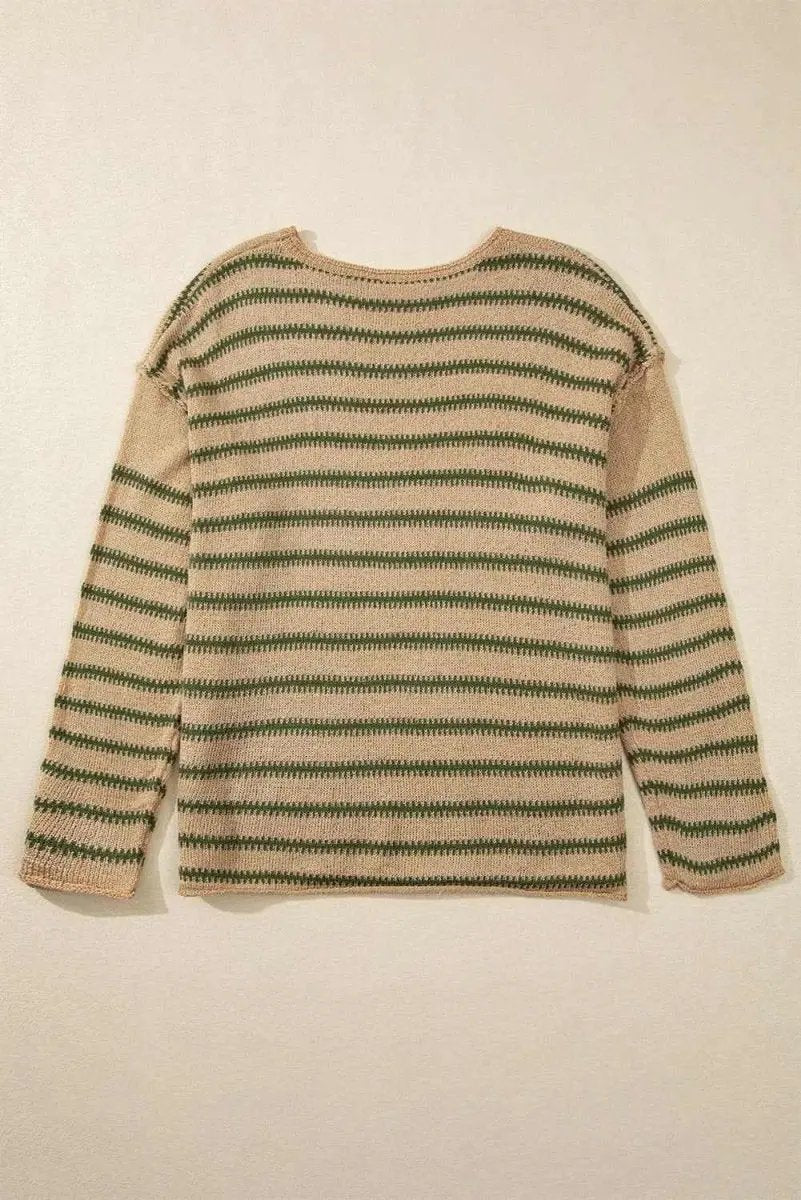 Love Salve Khaki Stripe Women's Casual Sweater Comfy Drop Shoulder Knit Top