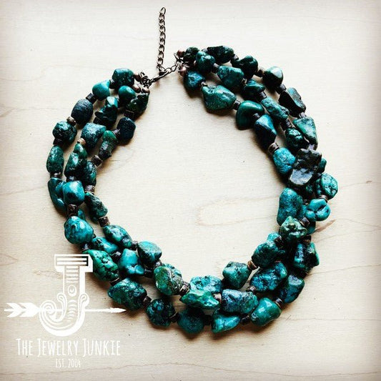 Large Triple Strand Natural Turq. & Wood Necklace