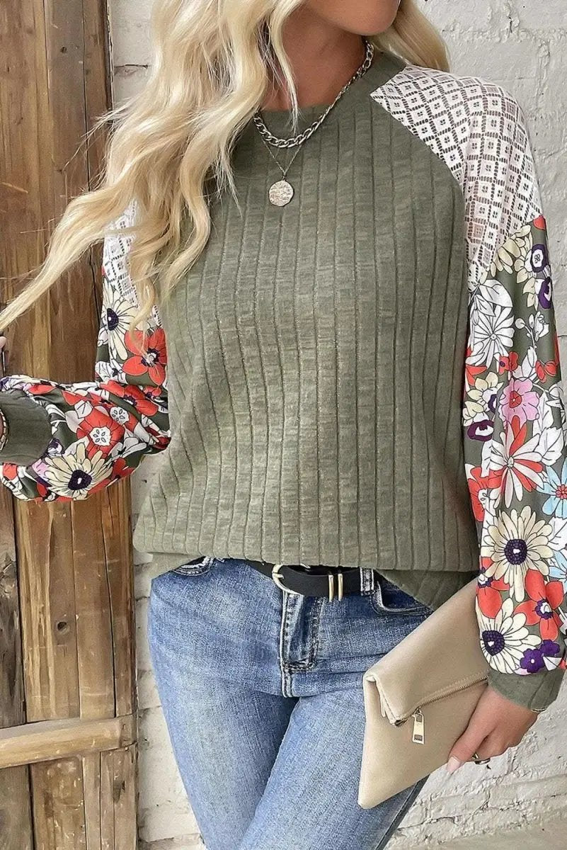 Love Salve Floral Patchwork Laurel Green Women's Ribbed Blouse: Elegant Long Sleeve Top