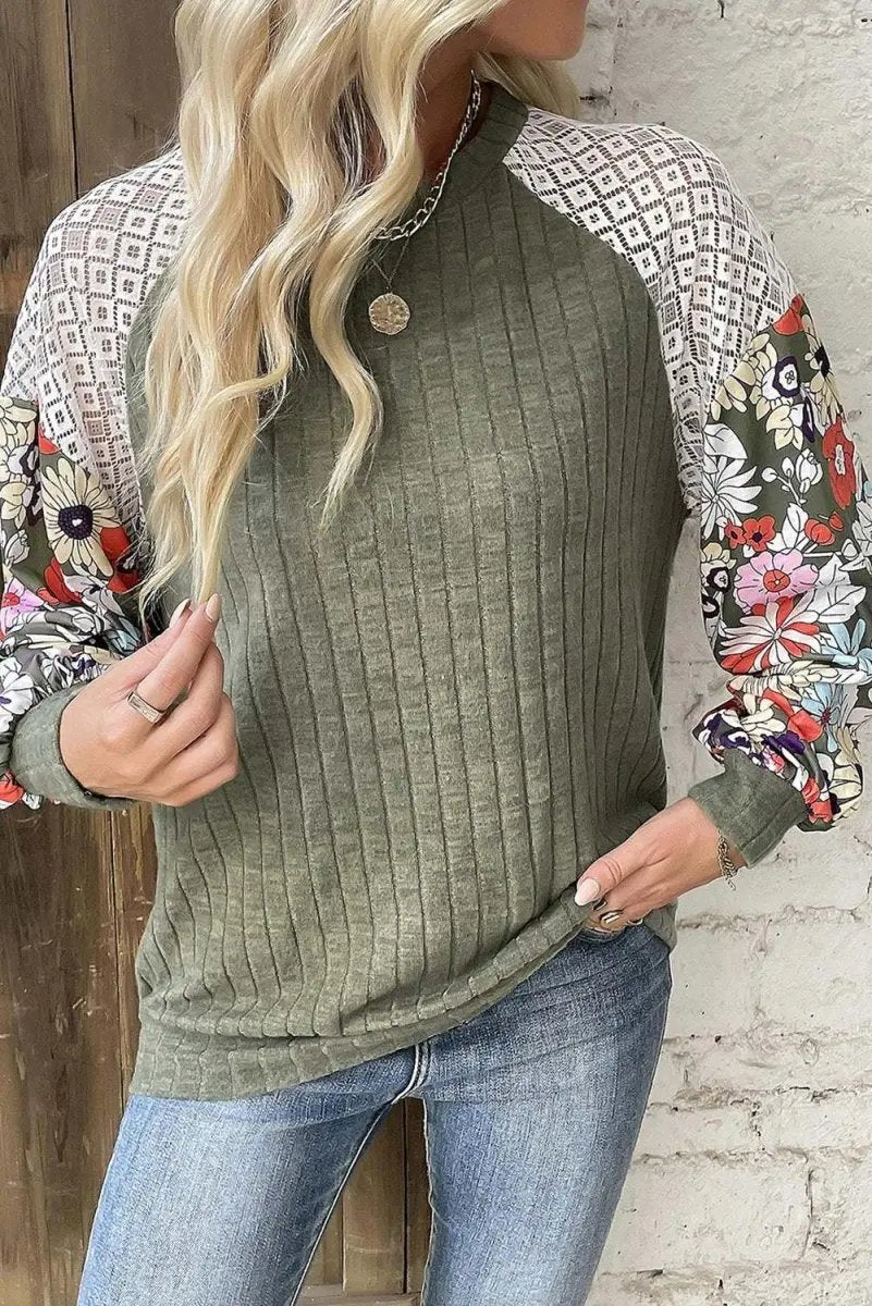 Love Salve Floral Patchwork Laurel Green Women's Ribbed Blouse: Elegant Long Sleeve Top