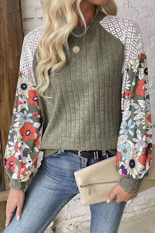 Love Salve Floral Patchwork Laurel Green Women's Ribbed Blouse: Elegant Long Sleeve Top
