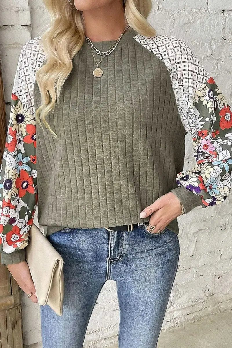 Love Salve Floral Patchwork Laurel Green Women's Ribbed Blouse: Elegant Long Sleeve Top