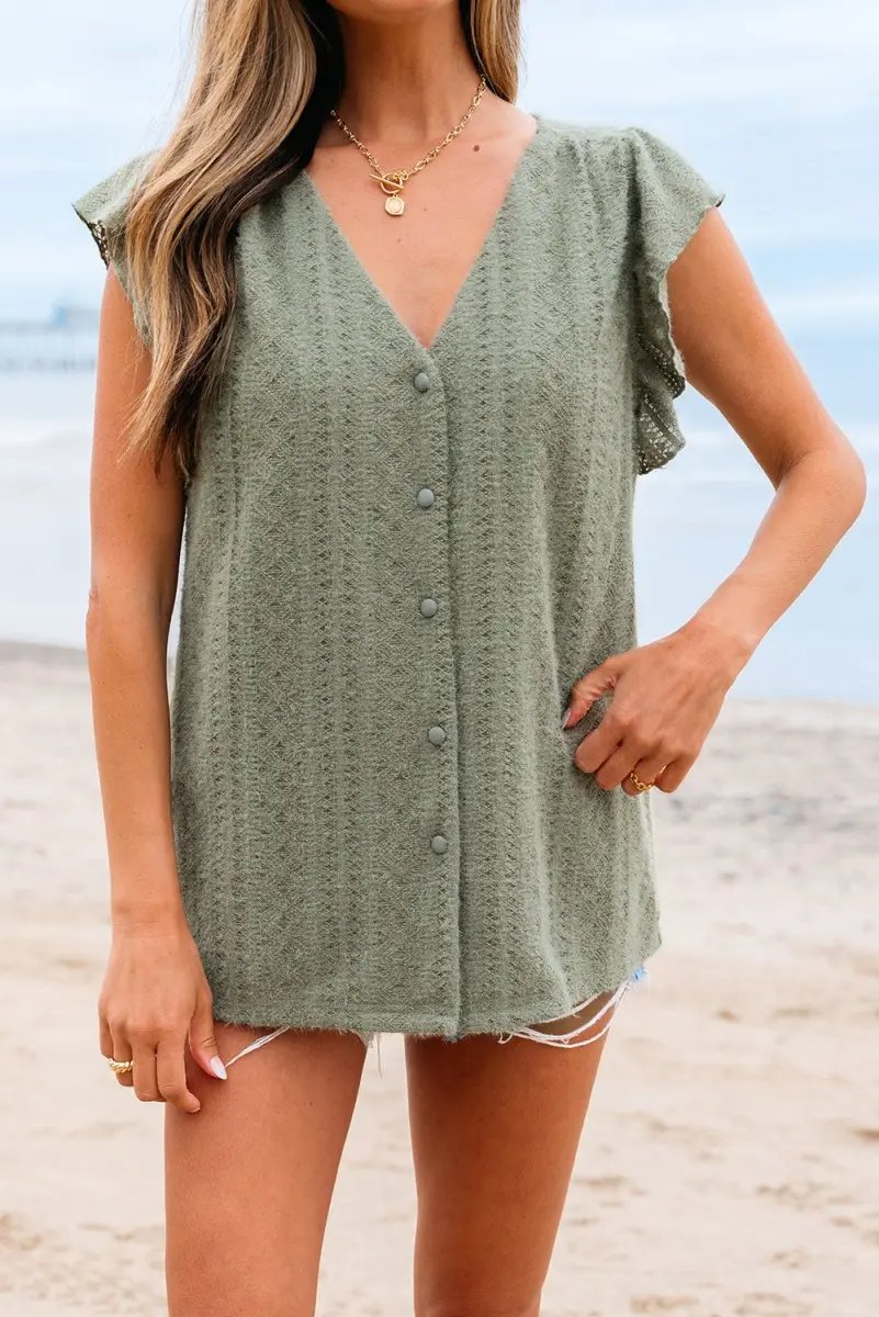 Love Salve Green Lace Flutter Sleeve Women's Top Southern Belle Shirt - Summer Style
