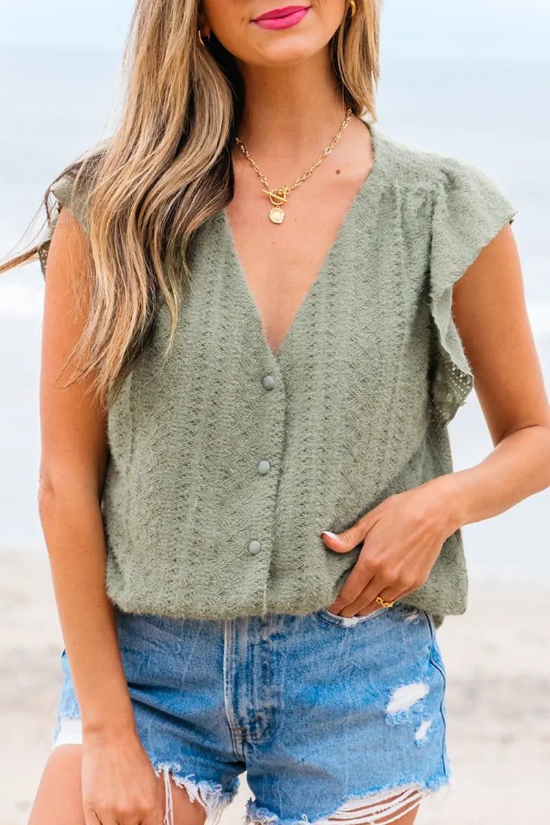 Love Salve Green Lace Flutter Sleeve Women's Top Southern Belle Shirt - Summer Style