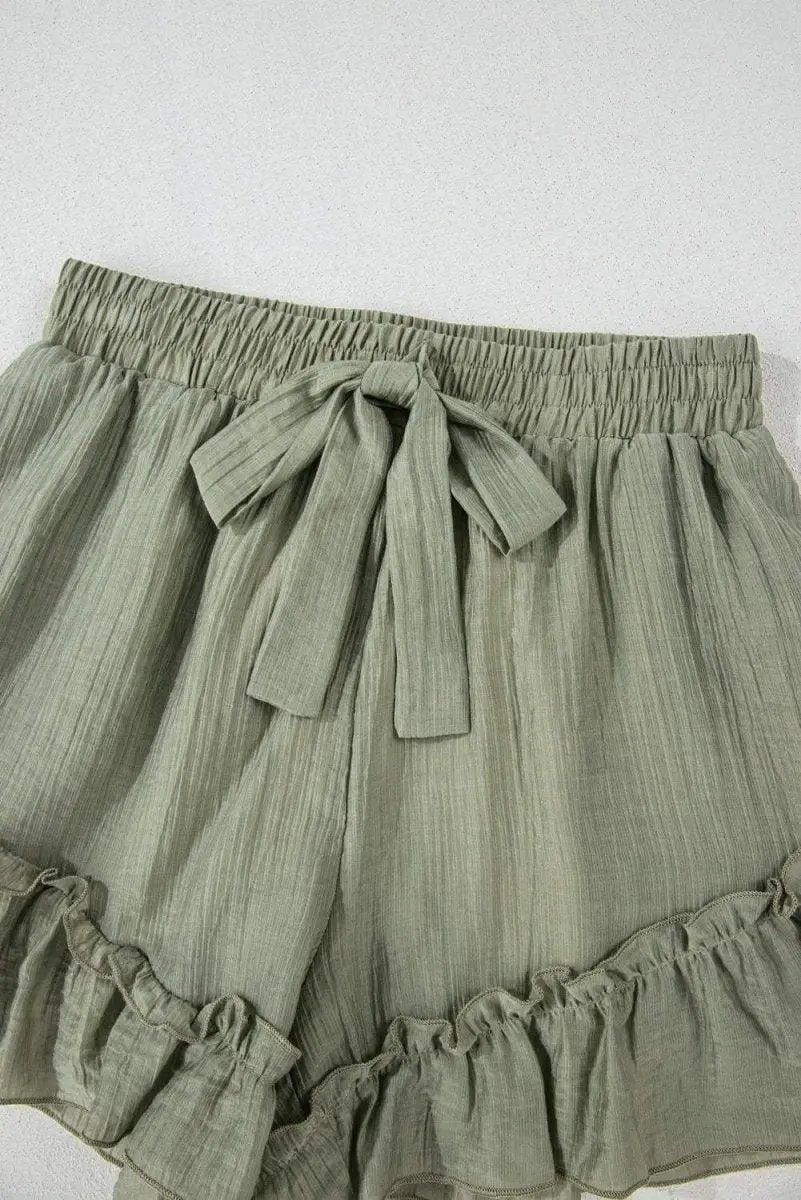 Love Salve Green Ruffle Shorts Women's Casual Summer Bottoms: Textured, Tie-Waist