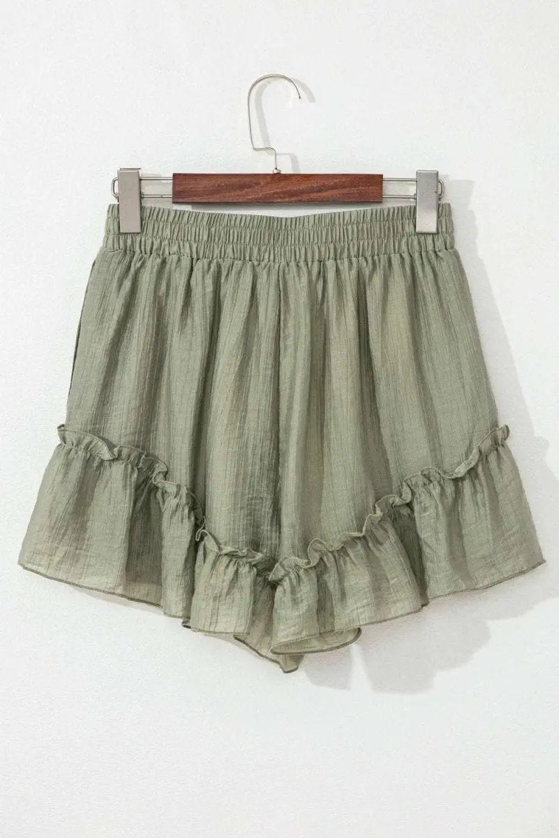 Love Salve Green Ruffle Shorts Women's Casual Summer Bottoms: Textured, Tie-Waist