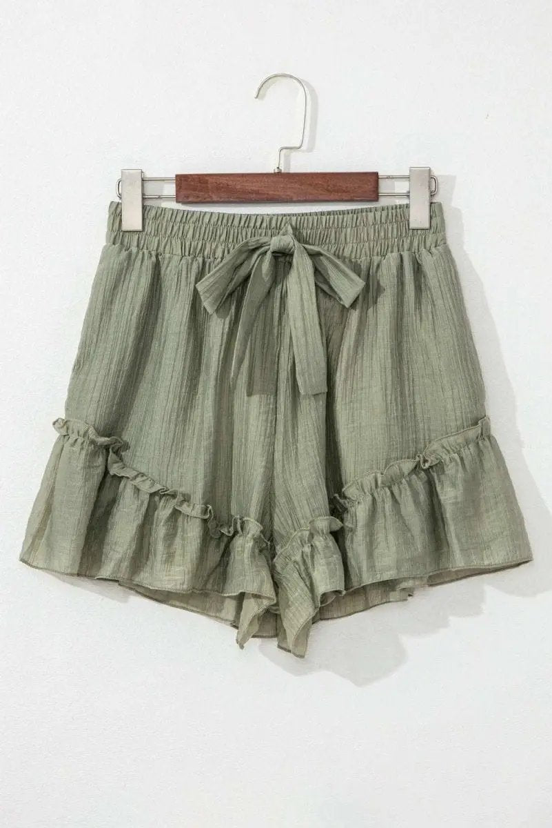 Love Salve Green Ruffle Shorts Women's Casual Summer Bottoms: Textured, Tie-Waist